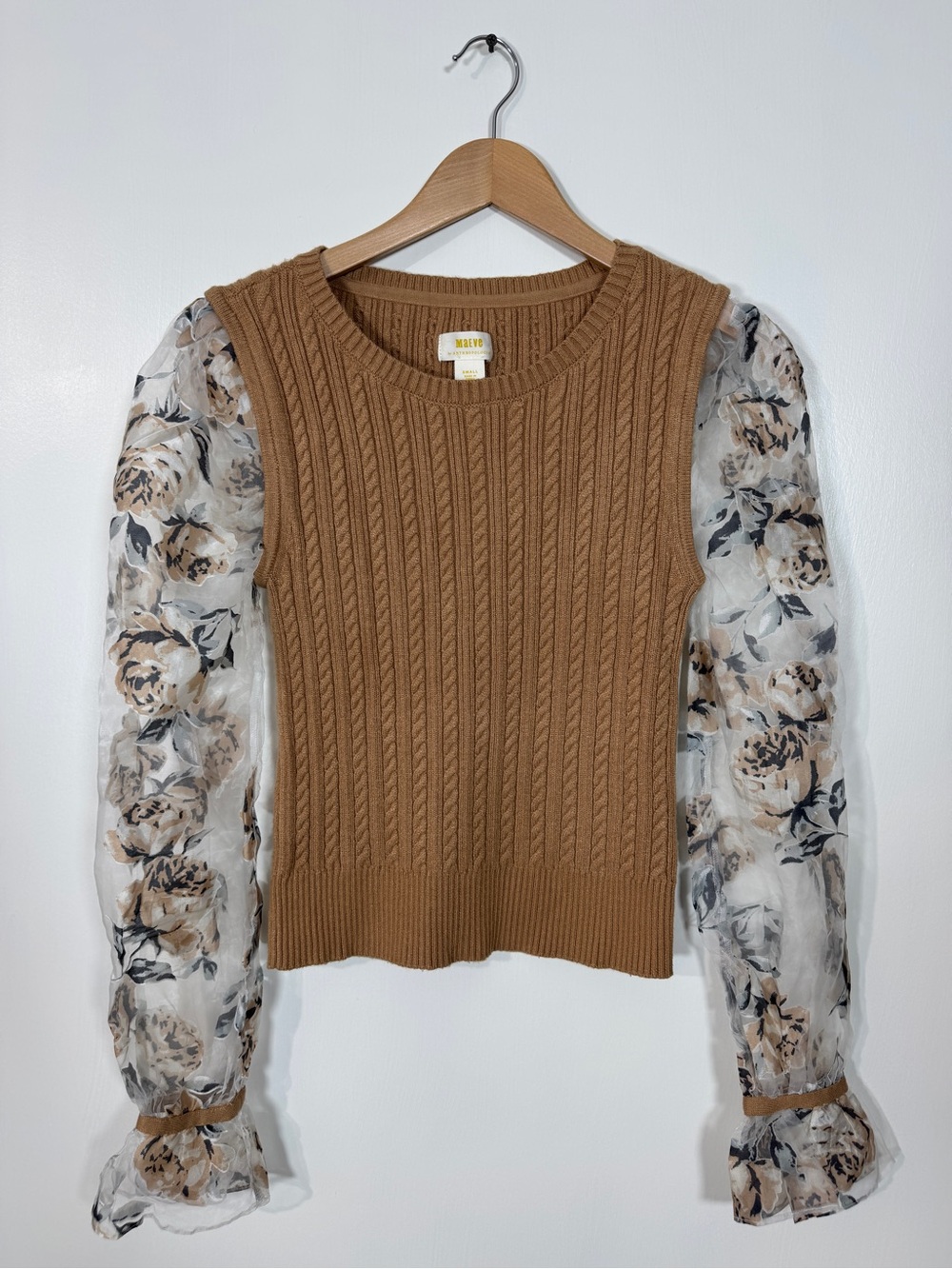 WSH158 {Maeve Anthropologie} Tan Brown Floral Cable Knit Sheer Sleeve Sweater